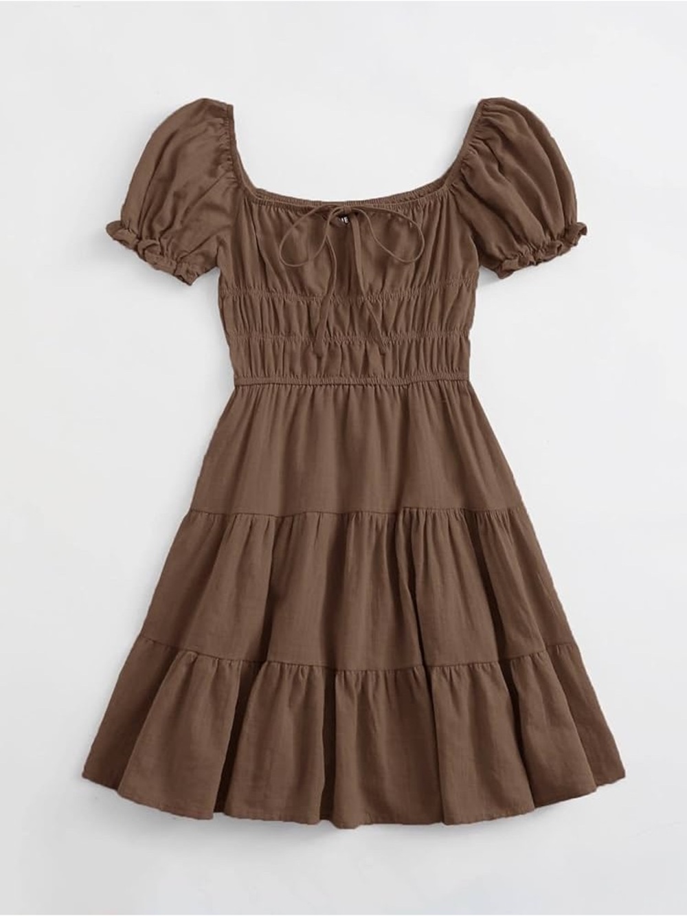 SHEIN Brown Puff Sleeve Mini Dress | Cottagecore Babydoll Dress | Size L